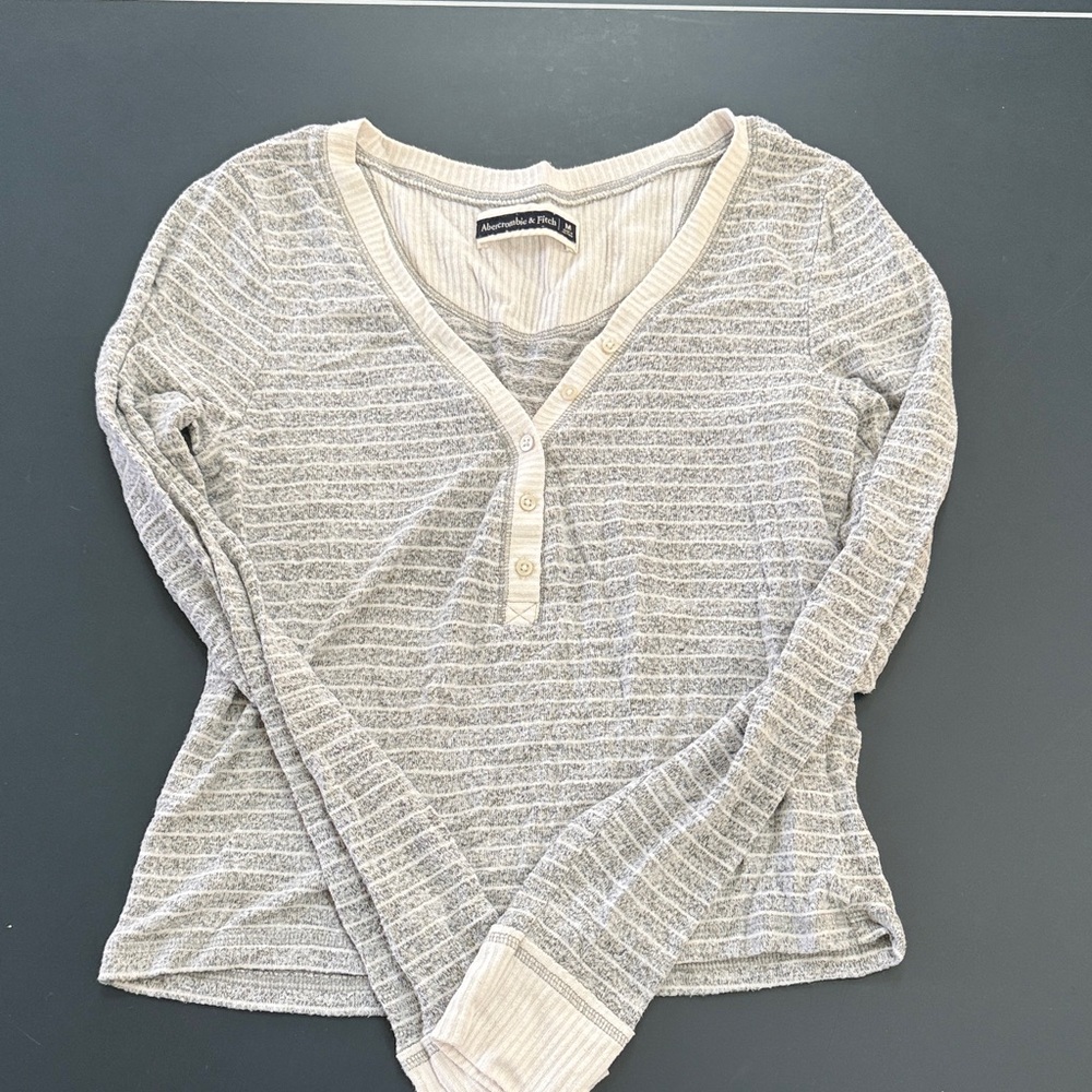 Abercrombie & Fitch Cream and Light Gray Striped Henley Long Sleeve